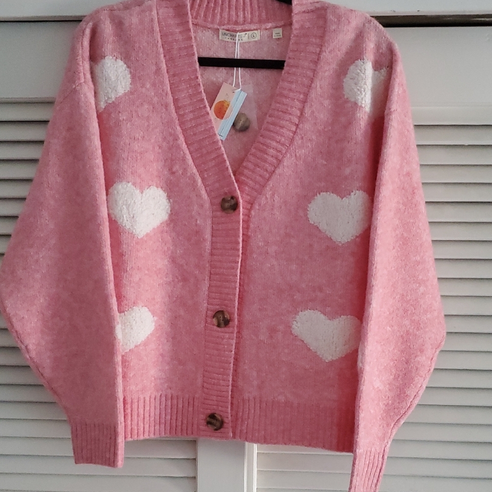 Uncharted Threads Pink Heart Patterned Women's Sweater,NWT, Size L
